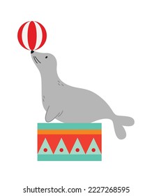 Seal on platform with ball flat icon Funny circus animal
