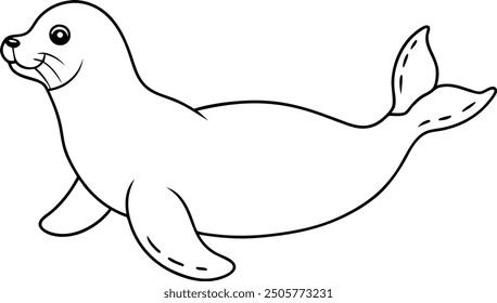 Seal outline line art or sketch illustration, lying on its belly with its flippers extended, drawn with rounded, simple lines on a white background.