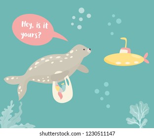 Seal with a plastic bag full of trash and sumbarine. Eco poster. Protect ocean and seas. Plastic problem
