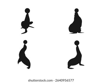 Seal playing with a ball silhouette. Silhouette of cute seals playing ball. Silhouettes of Seals in Various Poses. Circus icon. Illustration on an isolated background.