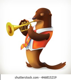 Seal playing trumpet, funny character, vector mesh