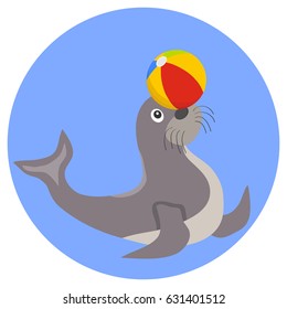 Seal plays with the ball. Flat design, vector illustration, vector.