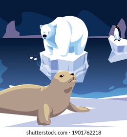 seal and polar bear animals north pole iceberg vector illustration