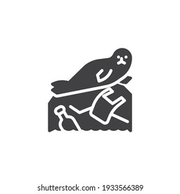 Siegel in verschmutzten Ozeanen Vektorsymbol. volles Flachzeichen für mobiles Konzept und Webdesign. Seelöwe und Wasser mit Kunststoff-Glyphsymbol. Symbol, Logo-Abbildung. Vektorgrafik