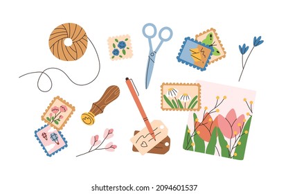 Seal, postal stamps, postcard, flower, postmarks, twine spool for postcrossing and DIY mail decor. Post cards, craft labels and tags composition. Flat vector illustration isolated on white background