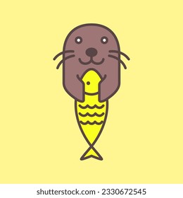 seal pup catching fish cute mascot cartoon minimal abstract modern colorful logo icon vector illustration