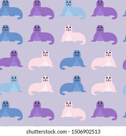 Seal pup seamless pattern in trendy colors Vector illustration of lying seal animal in a flat style. Design element for textile print, wallpaper, wrapping paper, web background.