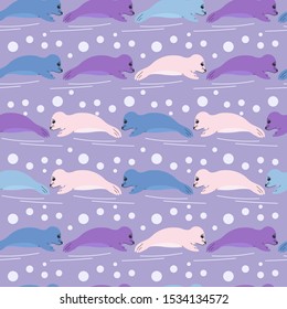 Seal pup seamless pattern in trendy colors Vector illustration of lying seal animal in a flat style. Design element for textile print, wallpaper, wrapping paper, web background.