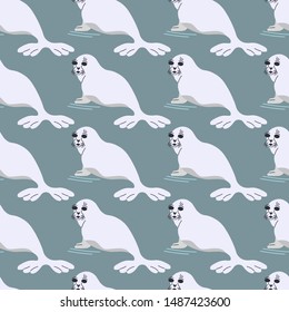 Seal pup seamless pattern. Vector illustration of sitting seal animal in a flat style. Design element for textile print, wallpaper, wrapping paper, web background.