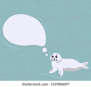 Seal pup with speech bubble on neutral background with scribbles. Vector illustration with sitting seal animal in a flat style. Isolated design element with copy space for kids.