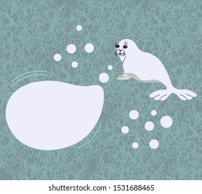 Seal pup with speech bubble on neutral background with scribbles. Vector illustration with sitting seal animal in a flat style. Isolated design element with copy space for kids.
