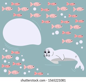 Seal pup with speech bubble on neutral background with fishes and bubbles. Vector illustration with lying seal animal in a flat style. Isolated design element with copy space