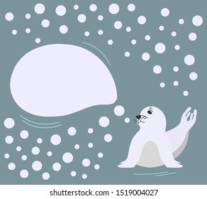 Seal pup with speech bubble and snowflakes on neutral background. Vector illustration with sitting seal animal in a flat style. Isolated design element with copy space for kids.