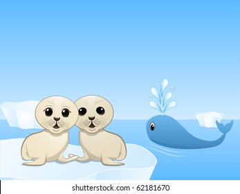 Seal pups and whale in an arctic scene