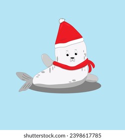 a seal in a red hat and scarf on a blue background