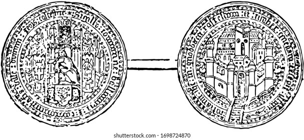 A seal representing the town of Colchester, England, there are two circles connected with two parallel lines, first seal has king with some people behind them, another one has small town picture.