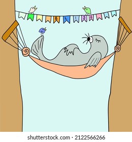 A seal resting in a hammock. The inscription Bliss,cartoon style vector illustration.