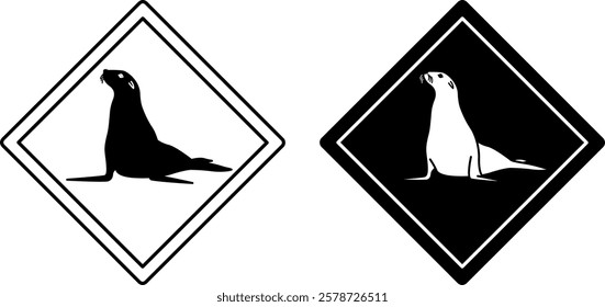 Seal Road Signs. Black and White Vector Icons. Road Sign Warning Animals Crossing the Road. Zoo Sticker