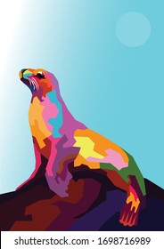 Seal in the rock enjoying the sun on pop art style for Background illustration and image