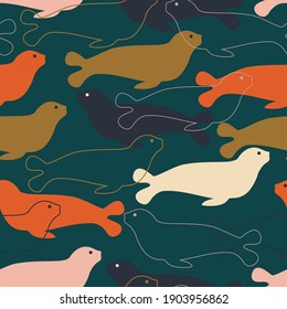 
Seal seamless pattern. Multicolored cartoon sea-calfs   on a dark background. Wildlife vector illustration.