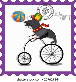Seal Show in the Circus  Stamp Illustration, Vector
