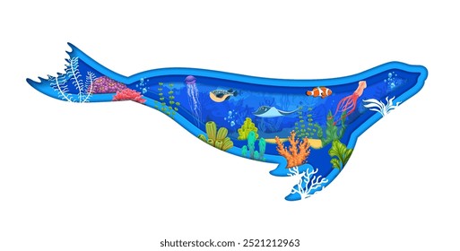 Seal silhouette with underwater landscape. 3d vector paper cut frame in shape of ocean animal body with cartoon serene aquatic vegetation and fauna, seaweeds, bubbles and fish, squid, stingray in sea