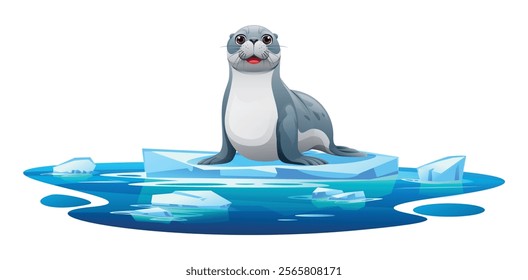 Seal sitting with a cheerful expression on a floating ice platform. Vector cartoon illustration