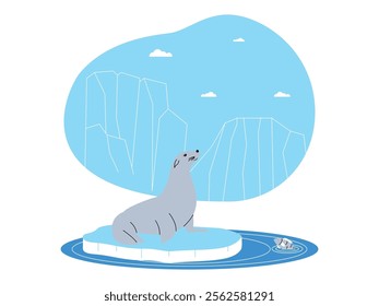 A seal sitting on an ice floe with a view of the vast ocean with icebergs, also a small fish swimming in the water, ecosystem vector illustration.