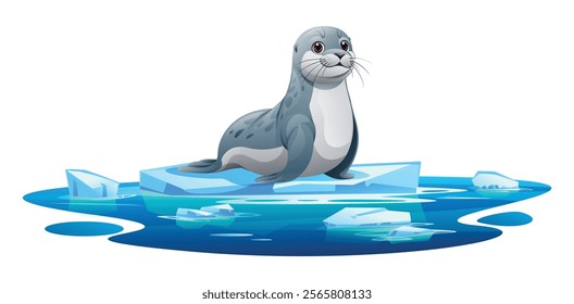 Seal sitting peacefully on a floating ice platform in icy waters. Vector cartoon illustration