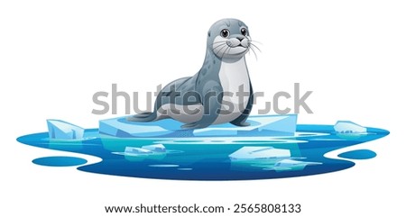 Seal sitting peacefully on a floating ice platform in icy waters. Vector cartoon illustration