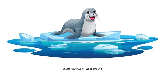 Seal smiling cheerfully on a floating ice platform surrounded by icy waters. Vector cartoon illustration