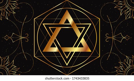 Seal of Solomon. Occult signs of golden color on a black background with geometric ornament.