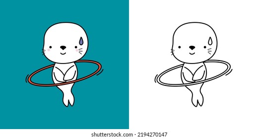 Seal Sportsman Clipart Multicolored and Black and White. Beautiful Sea Calf Sportsman. Vector Illustration of a Marine Animal for Prints for Clothes, Stickers, Baby Shower, Coloring Pages.
