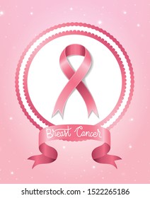 seal stamp of Breast cancer awareness design with pink ribbon icon over colorful glowing pink background, vector illustration