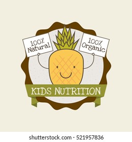 seal stamp with cartoon pineapple fruit and green ribbon .kids nutrition concept. colorful design. vector illustration