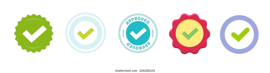 Seal stamp check mark icon vector set or wax guarantee quality approved checkmark permission tick rubber badge graphic clipart, verified proof red green old retro label, certified agreement element