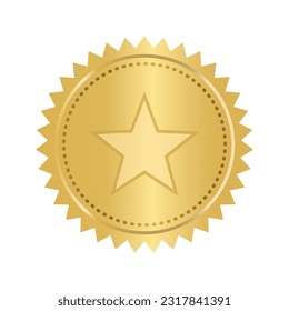 Seal stamp gold luxury elegant icon with gold star in the middle, vector illustration isolated on white background. Gold luxury label with star. Golden stamp for promo seal and rating concept.