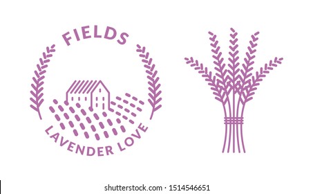 Seal stamp with illustration of lavender farm. House between the hills and bouqet. Lavender logotype.