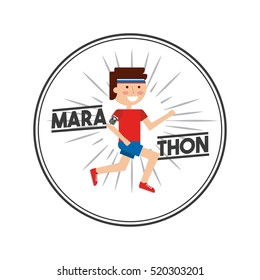 seal stamp with man smiling and running icon inside. marathon sport competition colorful design. vector illustration