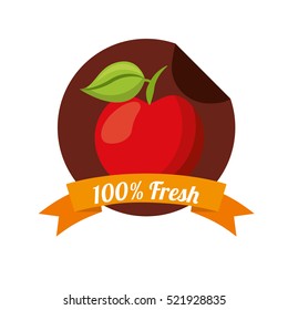 seal stamp with red apple fruit icon inside and orange ribbon. healthy food design. vector illustration