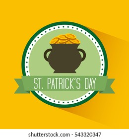 seal stamp of Saint Patrick's Day with pot of gold coins icon over yellow background. colorful design. vector illustration