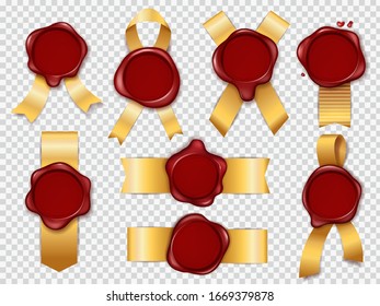 Seal stamps. Red wax elements with golden ribbon for secret confidential documents or decorative certificate vector isolated set