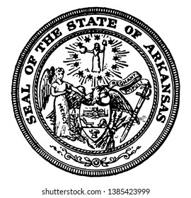 The Seal of the State of Arkansas, The seal shows Mercy, a bald eagle holding a shield, and the sword of justic, and outer side og circle reads SEAL OF THE STATE OF ARKANSAS, vintage line drawing