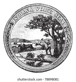 Seal of the State of Indiana , USA, vintage engraving. Old engraved illustration of Seal of the State of Indiana isolated on a white background. Trousset encyclopedia (1886 - 1891)