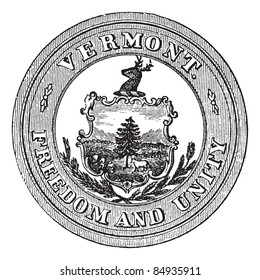 Seal of the State of Vermont, USA, vintage engraved illustration. Trousset encyclopedia (1886 - 1891).