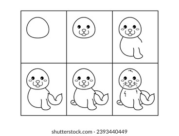 Seal. Step by step drawing. Coloring page, coloring book page. Black and white vector illustration.