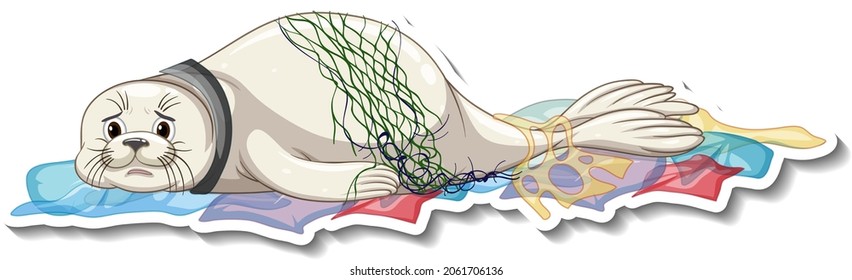 Seal stuck with plastic waste on white background illustration