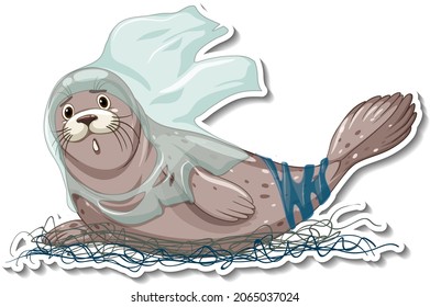 Seal stuck with plastic waste on white background illustration