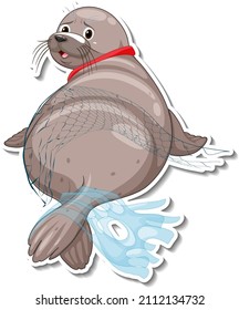 Seal stuck with plastic waste on white background illustration