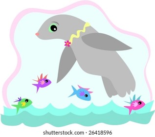 Seal Swimming with Fish Vector